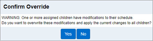 An image showing the warning message informing the user that the customized schedule he/she is trying to delete has been modified at the child level